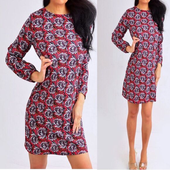 loft TALL Shadow Floral Red Print 3/4 Sleeve Lightweight Knee Length Shift Dress - Picture 3 of 14